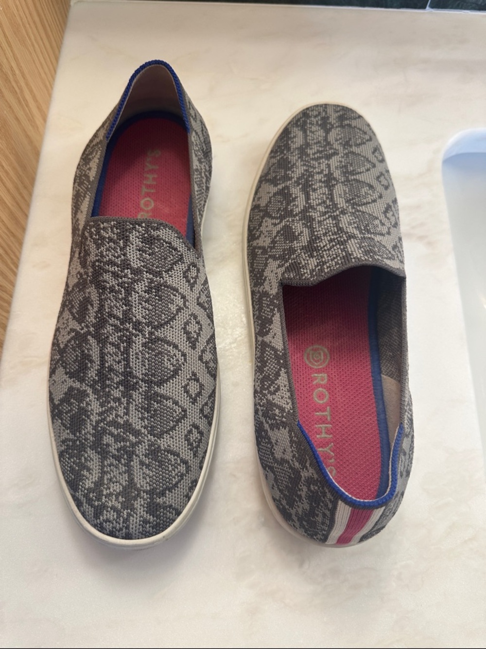 Rothy's 11.5 Gray Snake-Print Slip-On Sneakers with Pink Insole and Blue Trim